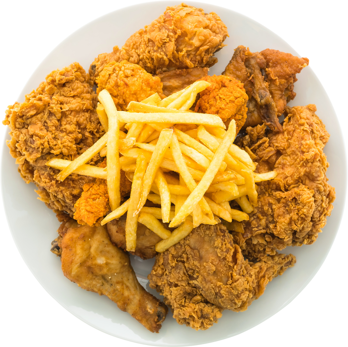 Fried chicken and french fries in white plate